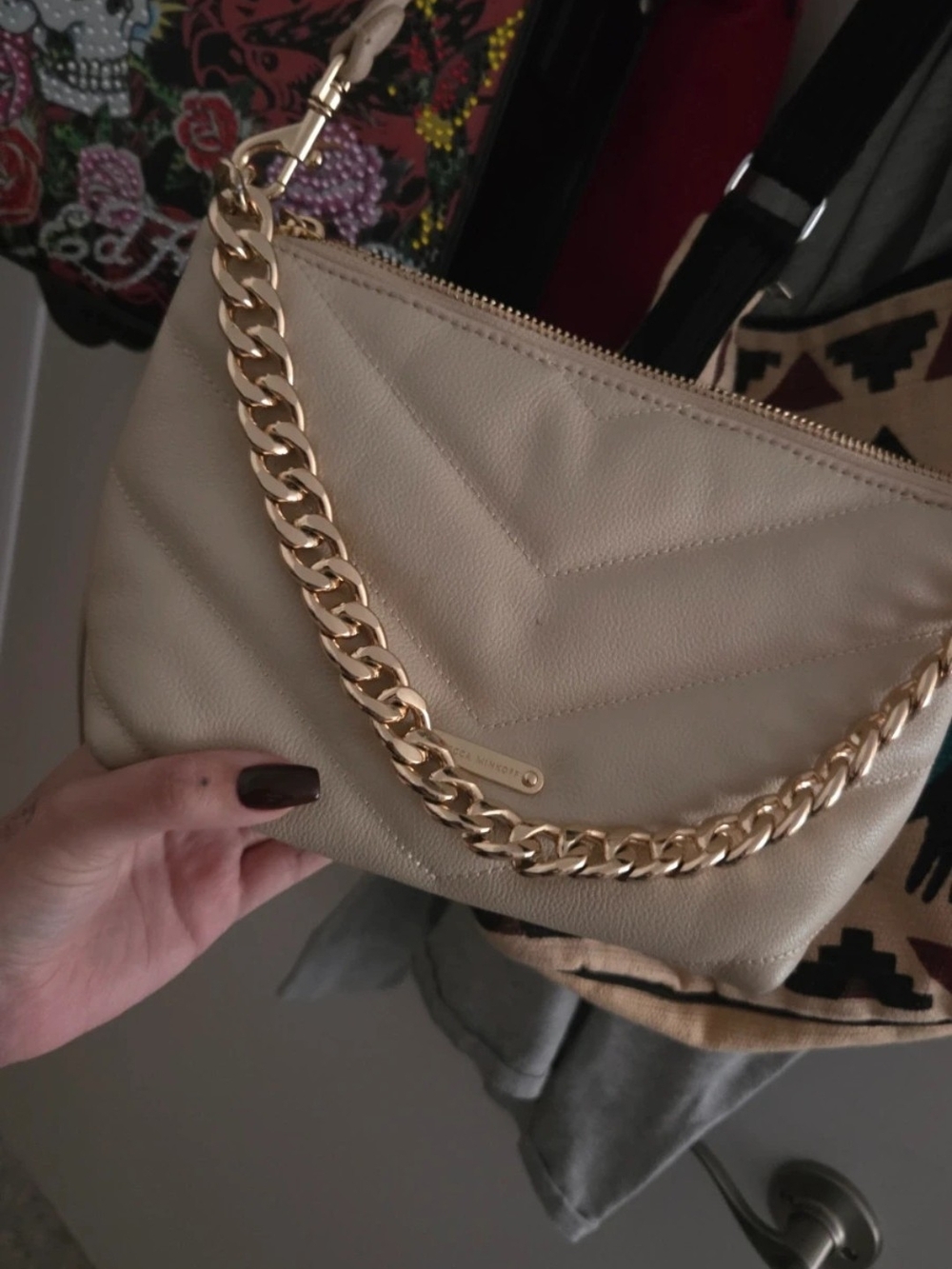 Rebecca Minkoff Cream Quilted Leather Shoulder Bag with Gold Chain
